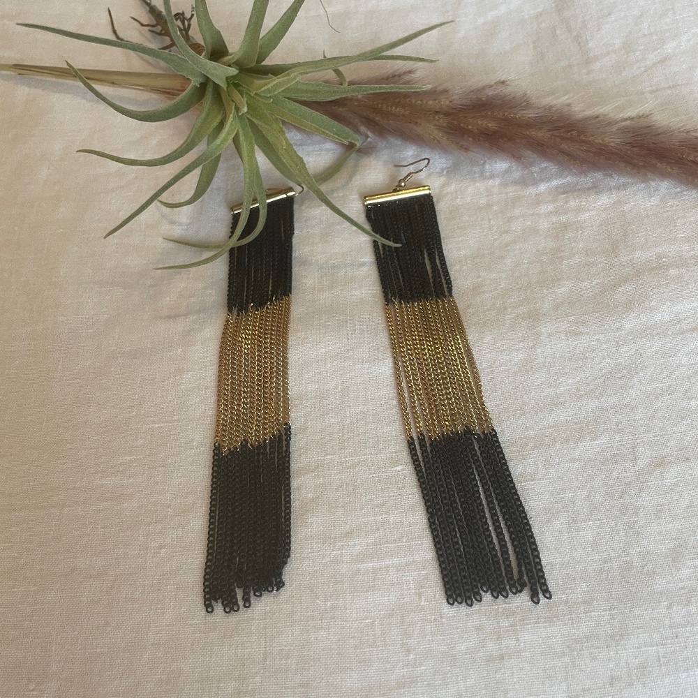 🌟 Buy 2 Pairs, Get One Free!, NEW Stunning Black and Gold Metal Tassel Earrings